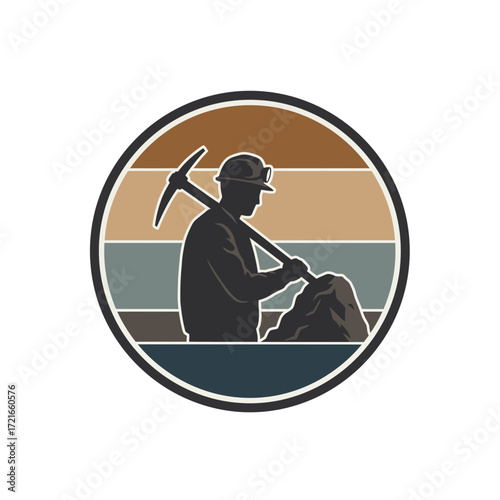 Vintage miner striking rock with pickaxe inside retro striped circle