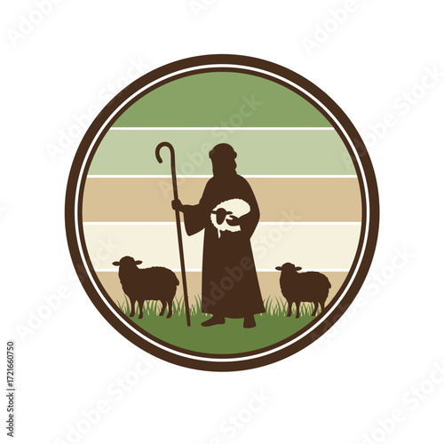 Shepherd holding lamb with sheep in field design for religious themes