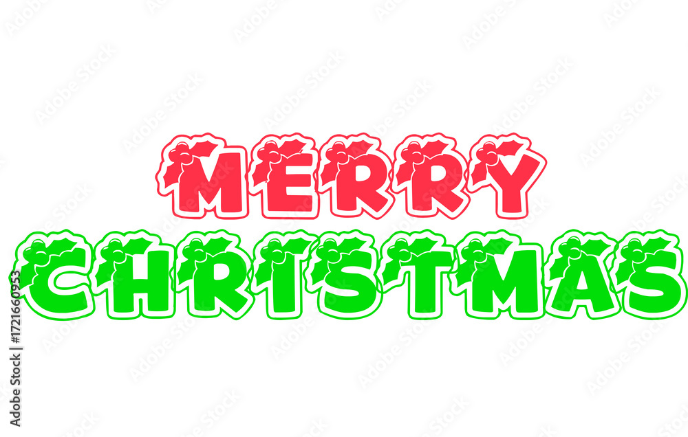 Fototapeta premium Red and green merry christmas text with holly berries and bows on a black holiday background design on transparent background