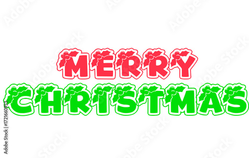 Red and green merry christmas text with holly berries and bows on a black holiday background design on transparent background