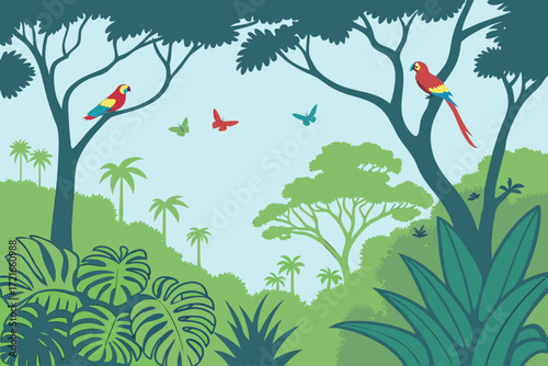 Vibrant jungle scene with colorful parrots perched in lush trees, fluttering butterflies creating a tropical paradise, ideal for nature and wildlife projects