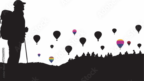 Silhouette of a hiker with backpack watching hot air balloons floating above a crowd on a hilltop view point | editable eps vectors