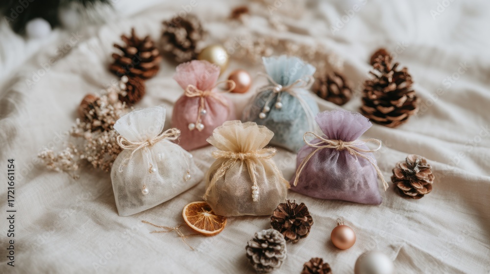 Fototapeta premium Decorative Christmas gift wrapping with organza bags and holiday accents in a festive setting during the winter season