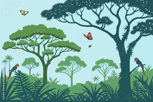 Lush jungle scene with parrots and butterflies for vibrant nature designs and tropical themes, ideal for travel promotions and ecological projects