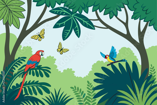 Lush jungle scene with colorful parrots and fluttering butterflies, perfect for children's books, educational materials, and vibrant nature-themed designs