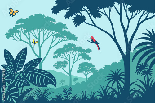 Vibrant jungle scenery with tropical plants, butterflies, and a parrot, perfect for travel brochures and nature-themed projects, originally from a scalable graphic
