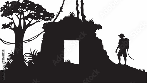 Silhouette of a hiker near ancient ruins with a tree and vines in a monochrome jungle scene view | editable eps vectors