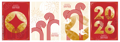 chinese new year 2026, year of the horse. vector abstract a4 posters set with symbols fiery horse, asian lanterns, chinese cloud, red background, fireworks in modern illustration