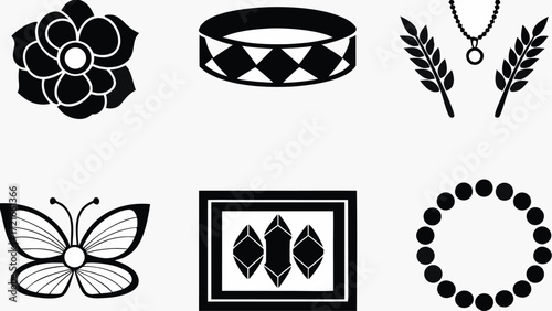 Illustration of a flower, bracelet, necklace, wheat, butterfly, gems in frame, and beaded circle design | editable eps vectors silhouette
