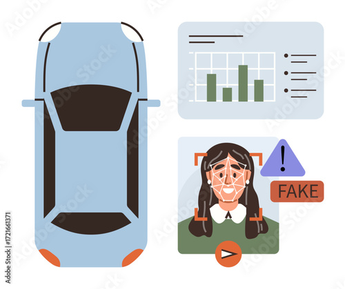 Overhead car view, bar chart data analysis, face scanning interface with alert on false identity. Ideal for technology, data security, AI ethics, cybersecurity, automotive, innovation technology