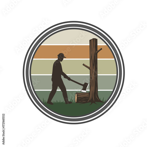 Retro lumberjack chopping wood logo with vintage sunset background