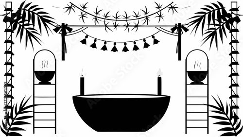 Illustration of a black and white scene with bamboo, bowls, candles and decorative elements | editable eps vectors silhouette
