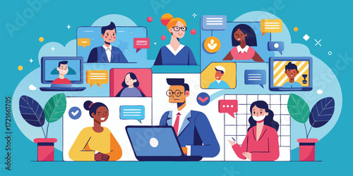 Hybrid business meeting with remote and office team illustration.
