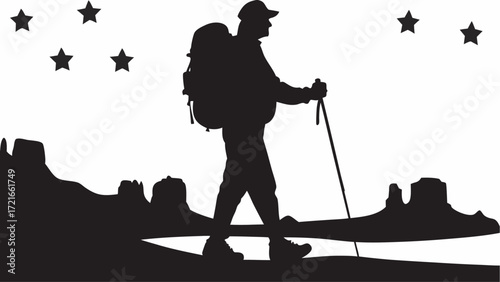 Silhouette of a hiker with backpack and trekking pole under a starry sky in a desert landscape | editable eps vectors