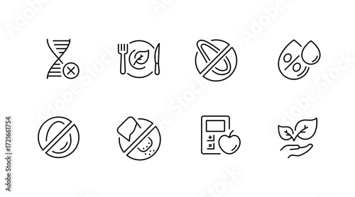 Dietary restrictions outline icons set – line, linear, food allergy and nutrition symbols