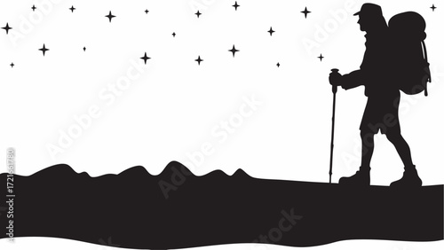 Silhouette of a hiker with backpack and trekking pole under a starry sky on a mountain ridge at night | editable eps vectors