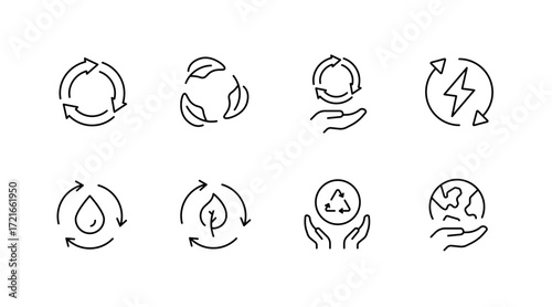 Eco-friendly recycling outline icons set – sustainable, green, environmental symbols