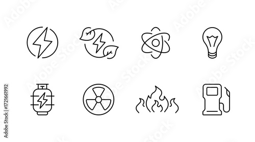 Energy and power outline icons set – environment, renewable, sustainable symbols