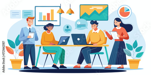 Team analyzing data in office meeting flat vector illustration