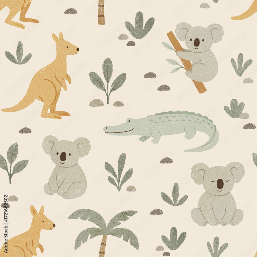 Obraz premium Australian animals seamless pattern design. Repeat pattern. Watercolour illustration 