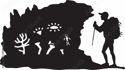 Silhouette of hiker with backpack and walking stick near cave paintings and rock formations outdoors | editable eps vectors