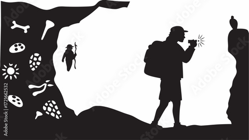 Silhouette of a person with a flashlight exploring a cave with ancient drawings and another figure inside | editable eps vectors