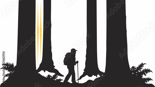 Silhouette of a hiker with backpack and walking stick amidst tall trees in a dark forest scene | editable eps vectors