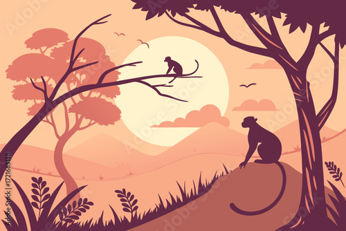 Peaceful monkey silhouette resting in nature, serene jungle scene with sun and wildlife, inspiring wild animal art for calming home decor and nature lovers
