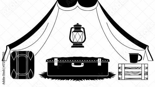 Illustration of a tent with camping gear including a lantern trunk and mug on a crate design vector | editable eps vectors silhouette