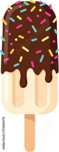 Cartoon illustration of a vanilla ice cream bar dipped in chocolate and covered in colorful sprinkles on a wooden stick.