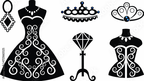 Illustration of a dress form with a gown, necklace, tiaras and a diamond on a stand design set | editable eps vectors silhouette