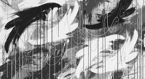 Abstract Black and White Grunge Background with Dynamic Paint Strokes and Drips, Modern Artistic Texture
