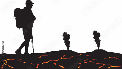 A silhouette of a hiker with a backpack walking across a volcanic landscape with smoke plumes rising up | editable eps vectors
