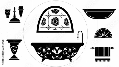 Bathroom decor with bathtub, window, towel, and decorative elements in black and white illustration | editable eps vectors silhouette