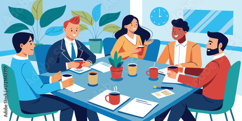 Business lunch meeting with professionals discussing over coffee illustration