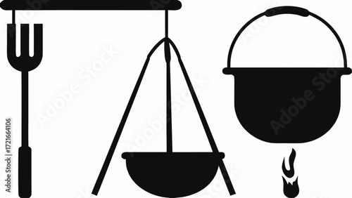 Illustration of a camping scene showing a fork, cooking tripod, pot, and flames for outdoor cooking | editable eps vectors silhouette