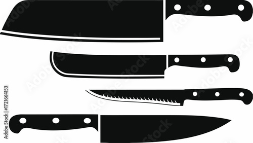 Illustration of four different types of kitchen knives in black and white minimalist style design tool | editable eps vectors silhouette