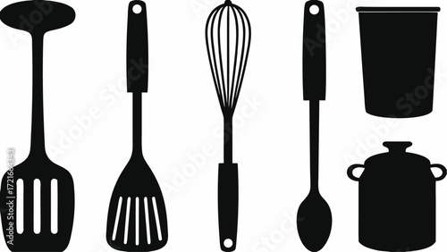 A collection of kitchen utensils including spatulas whisk spoon pot and measuring cup in black silhouette | editable eps vectors