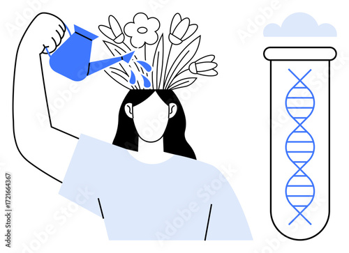 Person watering blooming flowers on their head, DNA strand in a test tube. Ideal for growth, learning, self-care, creativity, innovation, science personal development. Simple flat metaphor