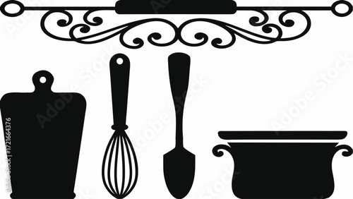 Silhouette of kitchen utensils including cutting board whisk spatula and pot under decorative scrollwork | editable eps vectors