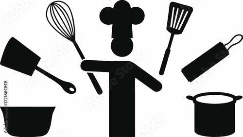 Chef icon surrounded by kitchen utensils including a whisk spatula pot and rolling pin in black and white | editable eps vectors silhouette