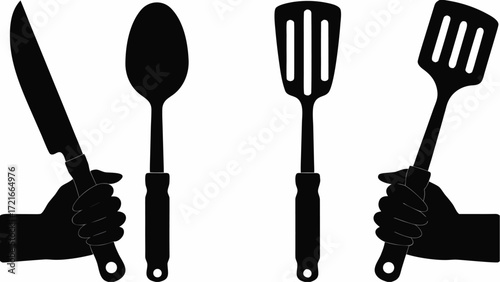 Illustration of hands holding kitchen utensils including a knife spoon and two slotted spatulas | editable eps vectors silhouette