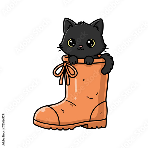 Playful Black Cat Hiding Inside a Boot Illustration