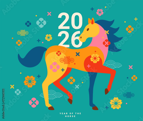Chinese spring pattern banner, Happy New Year 2026 poster. Horse silhouette icon and flowers on blue background. Vector illustration. Astrology China lunar calendar animal symbol. Place for text