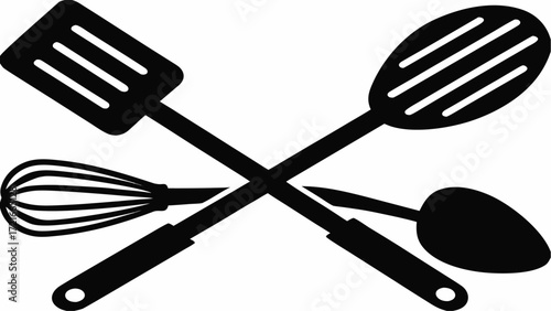 Crossed kitchen utensils featuring a spatula slotted spoon whisk and serving spoon in black and white | editable eps vectors silhouette