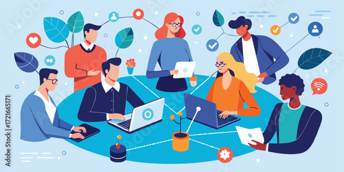 Business networking meeting with professionals exchanging ideas illustration