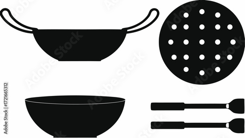 Illustration of kitchenware including a wok, bowl, strainer, and two cooking utensils on a white background | editable eps vectors silhouette
