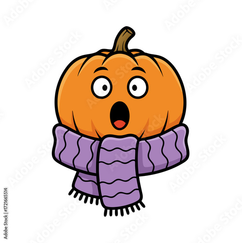 Cartoon Pumpkin with a Surprised Expression and Cozy Purple Scarf for Autumn