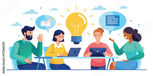 Innovative idea meeting with light bulb icons Vector cartoon illustration of a group of diverse people discussing an idea on a laptop monitor. Isolated on background.