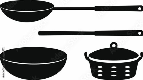 Illustration of cooking utensils including a ladle a bowl and a covered pot in black silhouette style | editable eps vectors